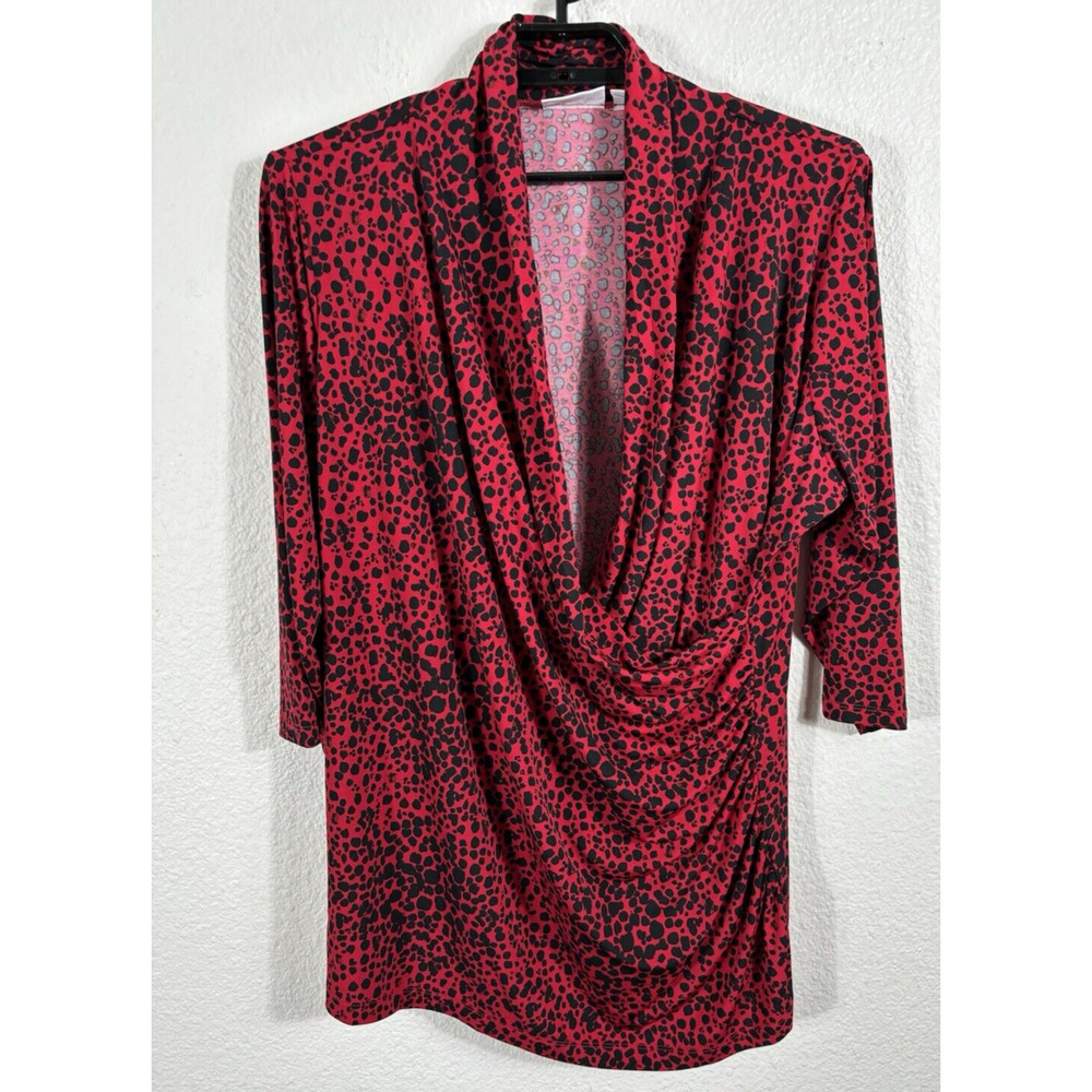 Susan Graver Top Womens Plus 2X Liquid Knit Red 3/4 Sleeve Faux Wrap Geometric